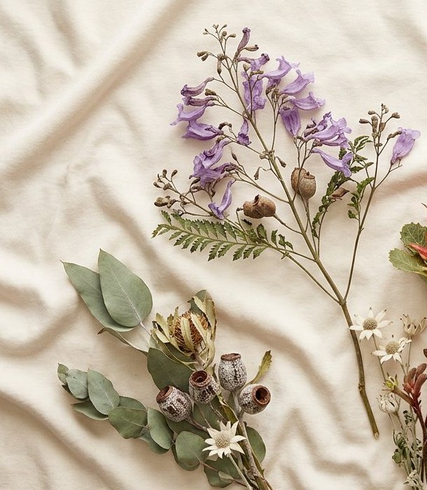 Dried jacaranda blossom and eucalyptus foliage on cream linen.